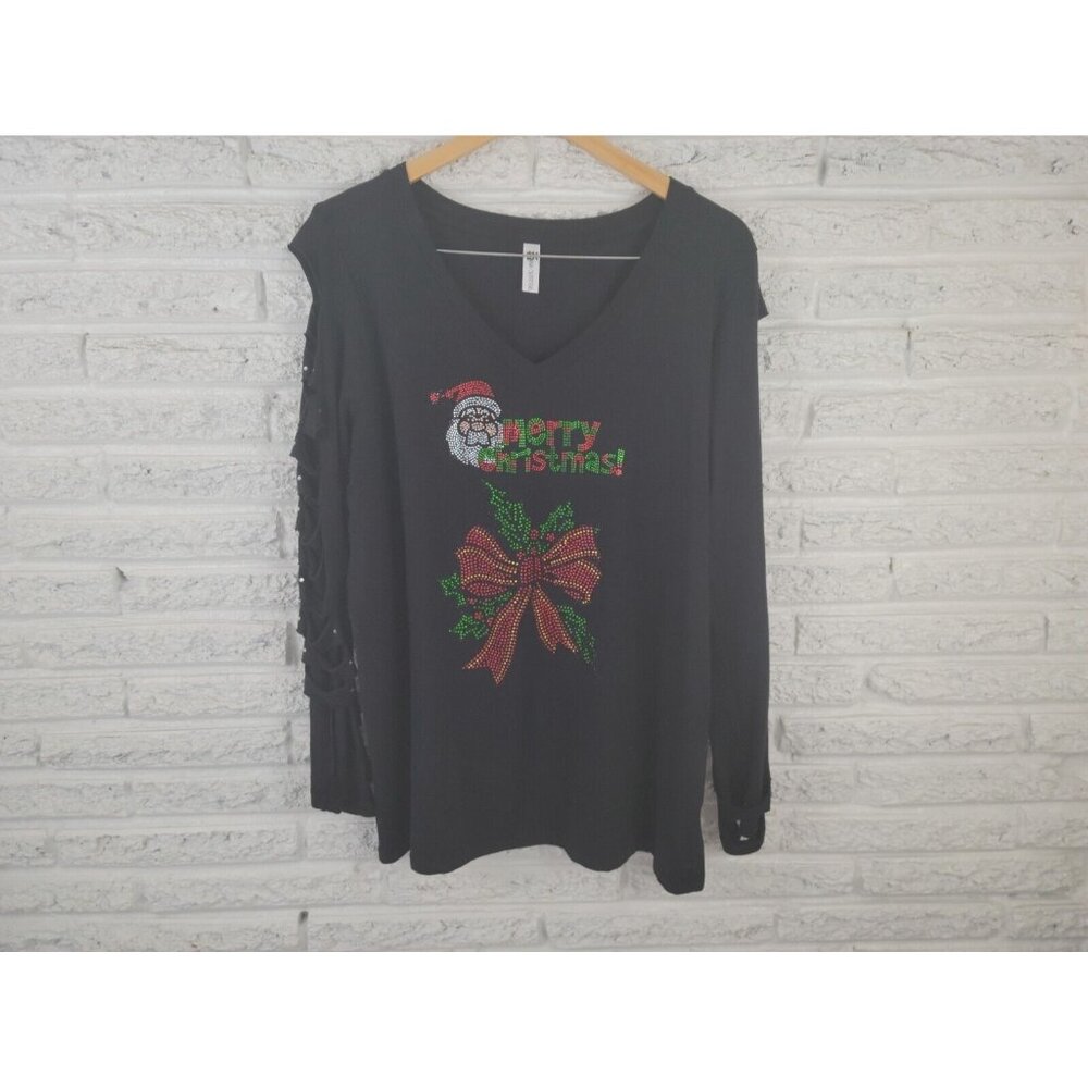 Zenana Outfitters Christmas Tee Womens 2X Plus Black Rhinestone V-Neck LS NOV38E